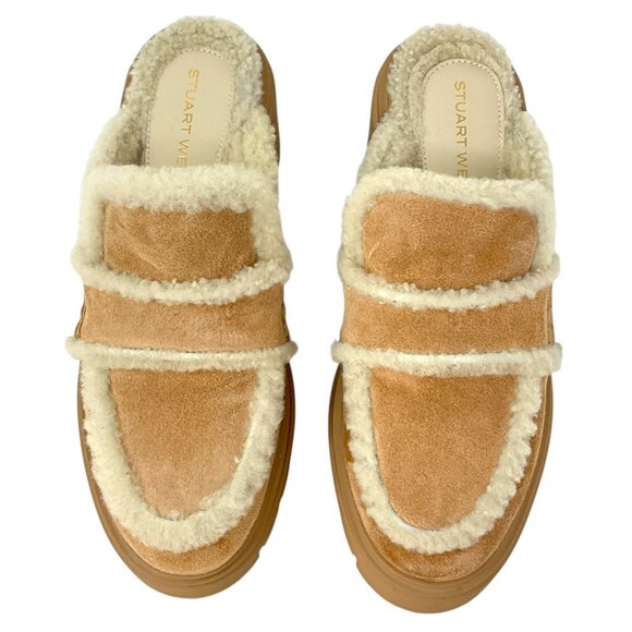 Stuart Weitzman Lennox Shearling Suede Mules New Camel US Size 6.5 B 30MM - Picture 3 of 11